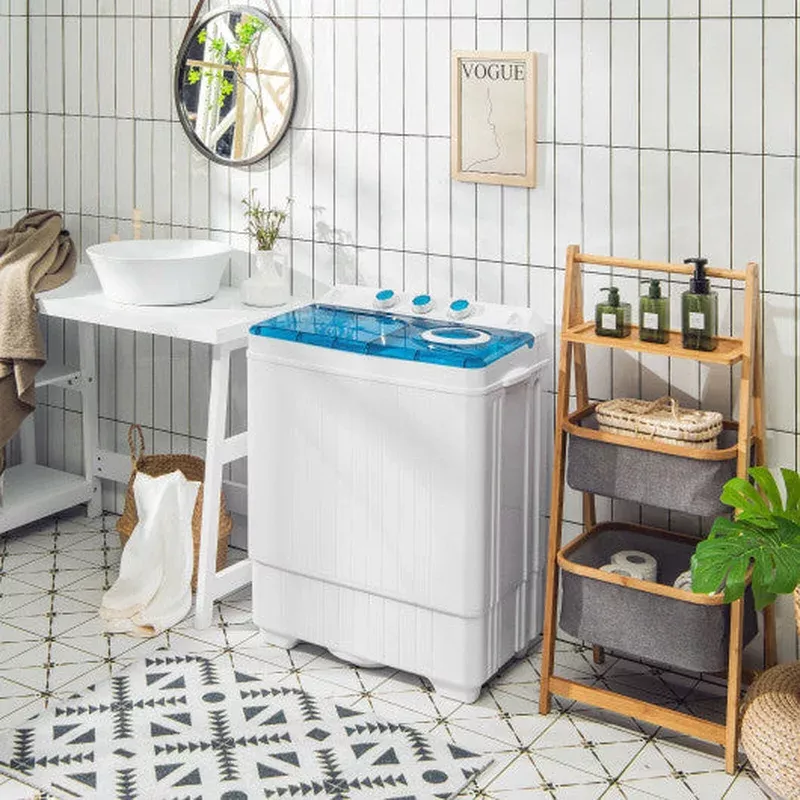 26lbs-portable-semi-automatic-twin-tub-washing-machine-with-drain-pump-blue 26lbs Portable Semi-Automatic Twin Tub Washing Machine With Drain Pump-Blue