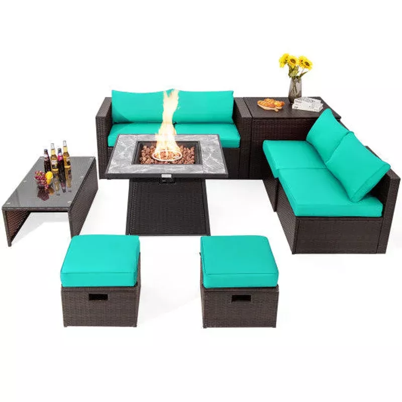 9-pieces-patio-pe-wicker-sectional-set-with-50000-btu-fire-pit-table-turquoise 9 Pieces Patio PE Wicker Sectional Set With 50000 BTU Fire Pit Table-Turquoise