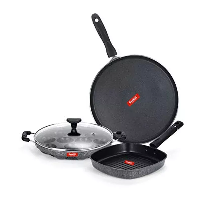 sumeet-nonstick-harmaa-cookware-set-dosa-tawa-26-5cm-dia-grill-appam-patra-with- Sumeet NonStick Harmaa Cookware Set (Dosa Tawa – 26.5Cm Dia + Grill Appam Patra with Glass Lid – 12 Cavity – 22cm Dia + Grill Pan-22cm Dia)